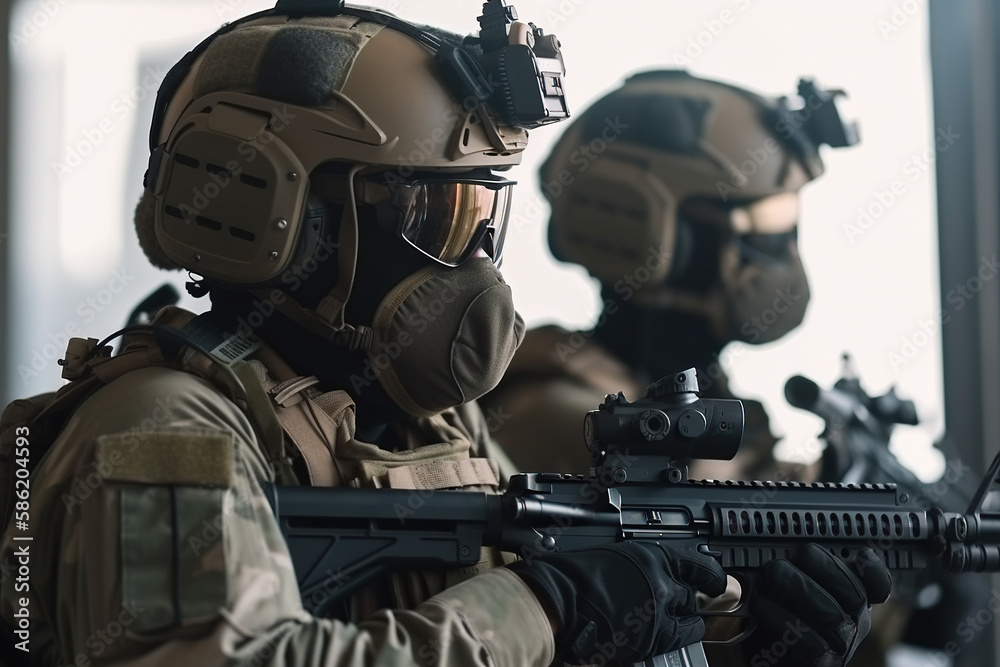 special forces soldiers in action in a theater of war. Generative AI special forces soldiers in action in a theater of war. Generative AI