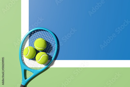 Three tennis balls on a tennis racket at the corner of the lines on blue tennis court. 3D rendering. Flat lay overhead view.