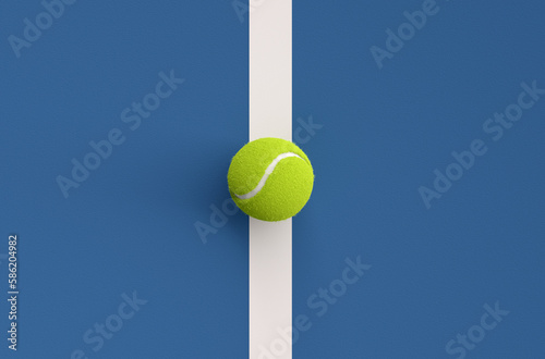 Tennis ball on the middle of the court line on blue background. 3D rendering. © Cagkan