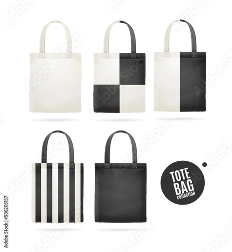 Realistic Detailed 3d White and Black Tote Bag Fabric Cloth Set. Vector illustration of Shopping Bags