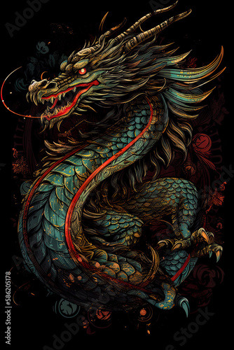 Dragon illustration, detailed t-shirt design. Generative ai