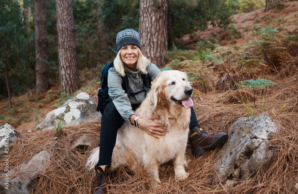 Adventure, explore and woman hiking with her dog, pet or animal in the winter forest for exercise, workout or fitness. Trekking, travel and elderly or senior female trekking in the woods on holiday Adventure, explore and woman hiking with her dog, pet or animal in the winter forest for exercise, workout or fitness. Trekking, travel and elderly or senior female trekking in the woods on holiday