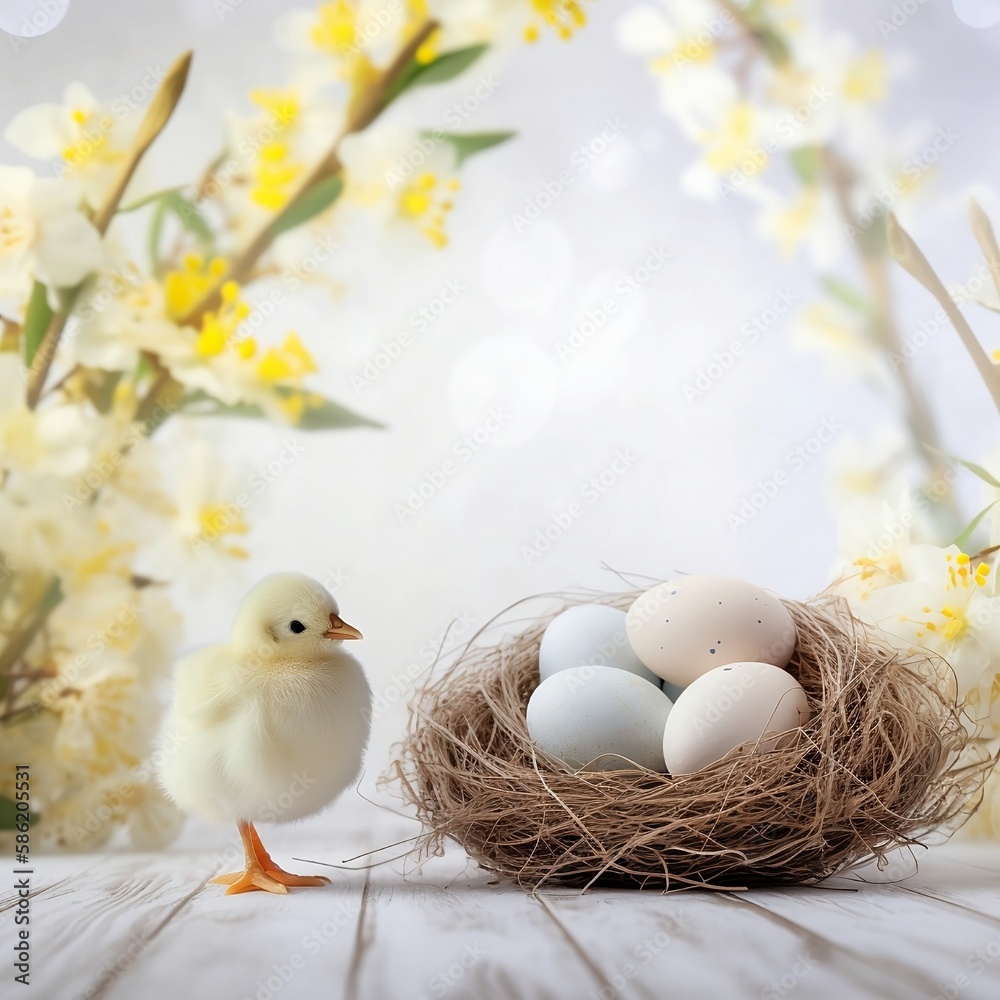 Happy Easter! Easter eggs and blossom branches with the chick with light background. Greeting card template