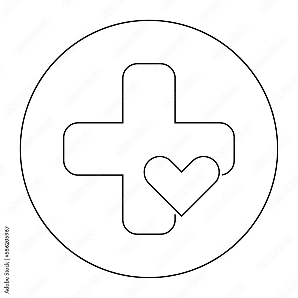 Linear vector icon of medical cross with heart. Linear vector icon of medical cross with heart.