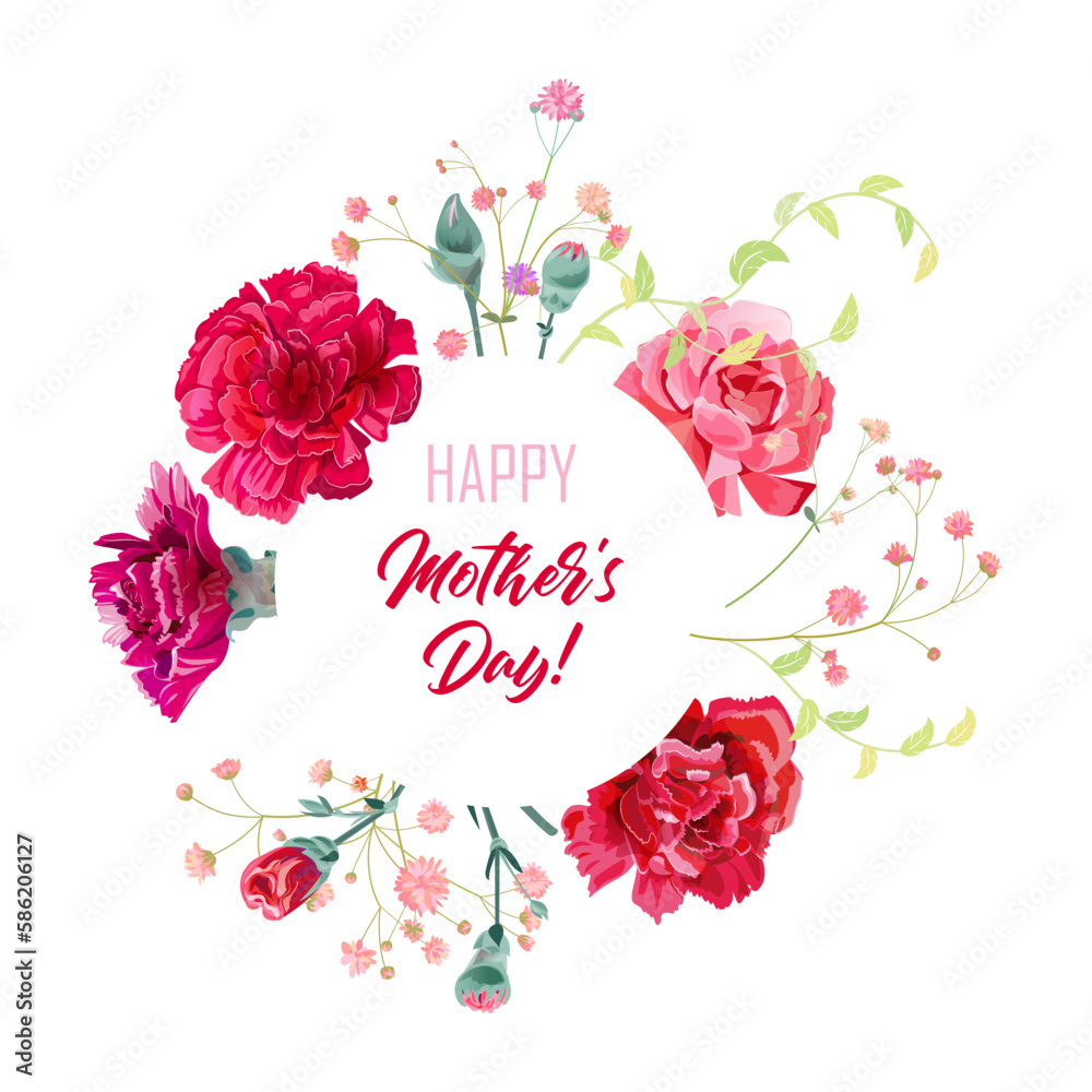Round Mother's Day card with carnation: pink, red flowers, gypsophile twigs, square white background. Template for design, realistic botanical illustration in watercolor style, vector