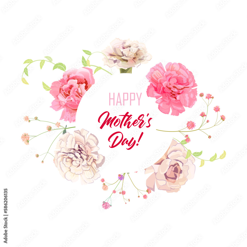 Round Mother's Day card with carnation: white, pink flowers, gypsophile twigs, square white background. Template for design, realistic botanical illustration in watercolor style, vector
