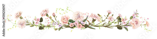 Panoramic view: bouquet of carnation and spring blossom. Horizontal border: light flowers, buds, leaves on white background. Realistic digital illustration in watercolor style, vintage, vector
