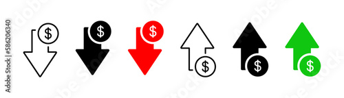 Increase, decrease dollar icons. Interest arrow money icons collection. Increase, decrease growth elements icons. EPS 10