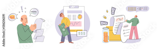 Set of people analyzing personal or corporate budget. Concept of finance accounting and calculation of financial income and expenses report. Financial consultant with document for tax computation