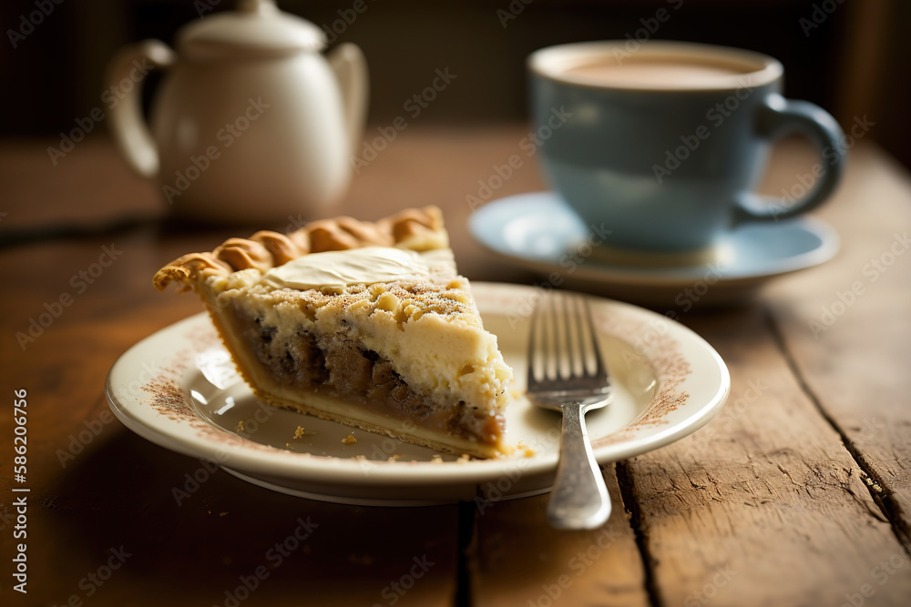 A piece of ิbakery baked pie in white plate in placed with a cup of hot coffee on the wooden table. Morning breakfast meal object. Generative Ai image. A piece of ิbakery baked pie in white plate in placed with a cup of hot coffee on the wooden table. Morning breakfast meal object. Generative Ai image.