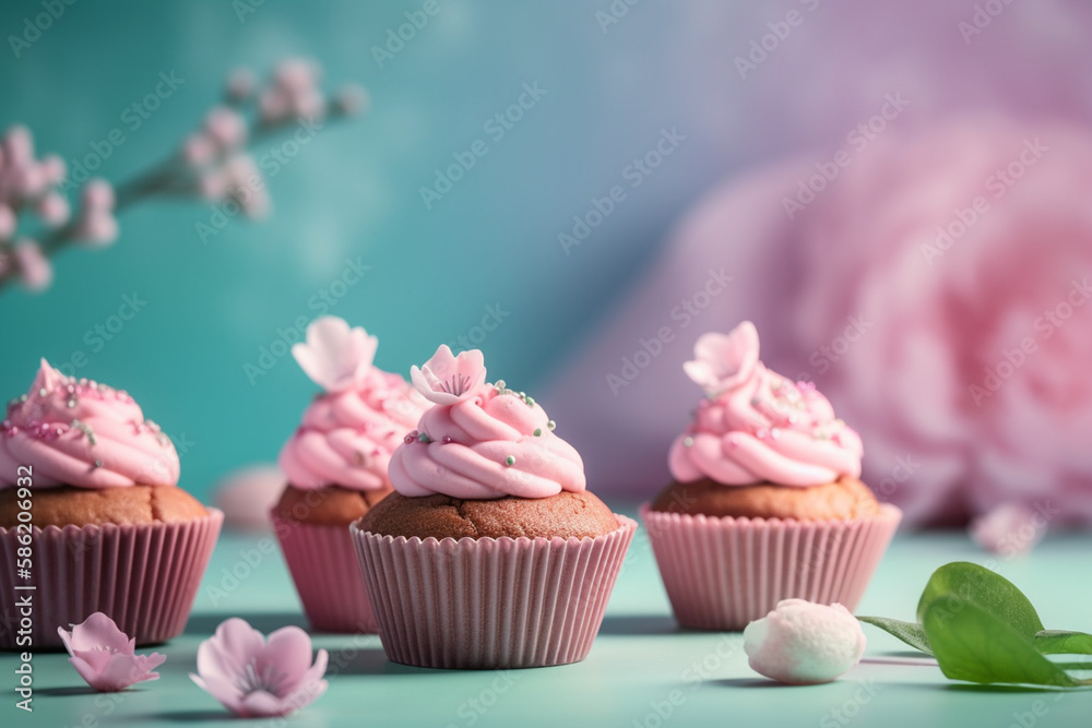 Cupcake with pink frosting, spring flowers and sprinkles. Generative AI