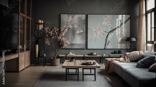 Japandi Interior Design of Moody Living Room with Modern Wood Furniture - Japanese Inspired Artwork and Cherry Blossoms, Interior Decor - Generative AI