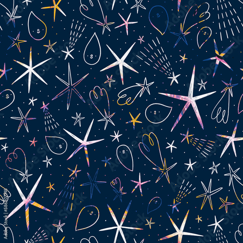 Stars and comets in the sky, colorful scribble seamless pattern
