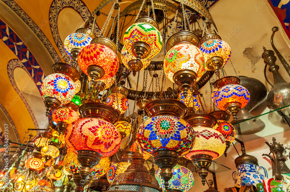 Colourful Turkish mosaic lamps in the Grand Bazaar, Istanbul, Turkey
