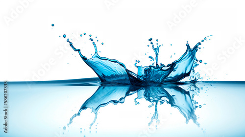 Abstract blue water splash with drops and reflection on white background design generative AI
