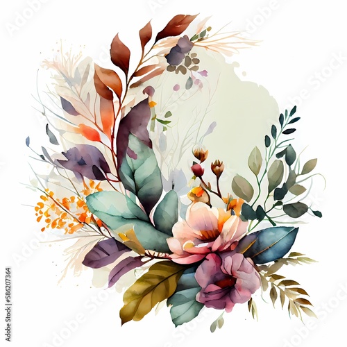 colorful floral watercolor illustration isolated white background. Generative AI