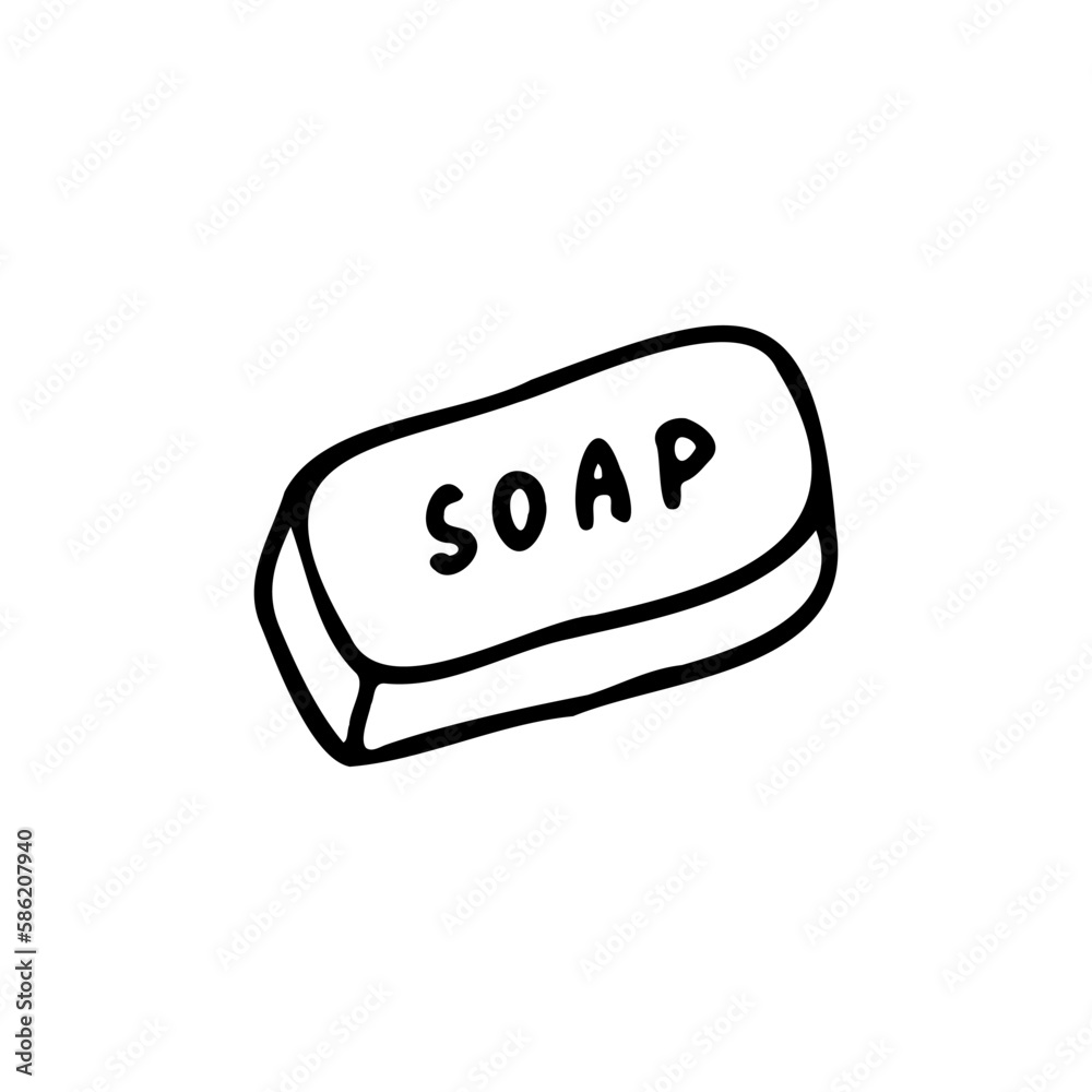 A piece of soap. Detergent for hygienic cosmetics and household chemicals. To remove dirt and grease. Doodle. Vector illustration. Hand drawn. Outline. A piece of soap. Detergent for hygienic cosmetics and household chemicals. To remove dirt and grease. Doodle. Vector illustration. Hand drawn. Outline.