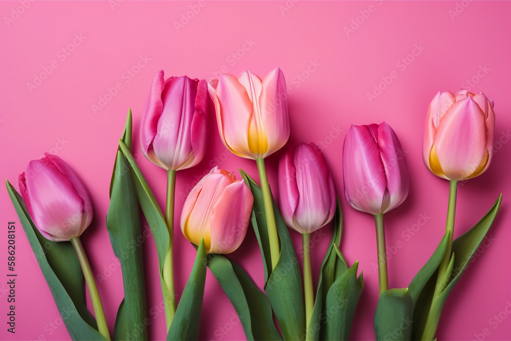 Pink tulips on a pink background, flat lay. Generative AI Pink tulips on a pink background, flat lay. Generative AI