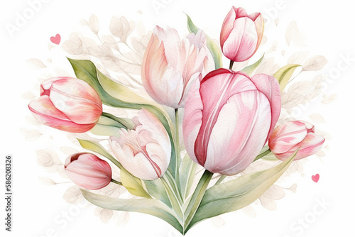 Watercolor pink tulips isolated on white. Generative AI