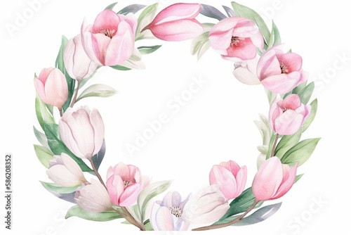 Watercolor pink tulips isolated on white. Generative AI