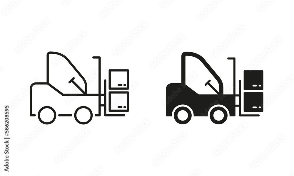 Forklift Truck Silhouette and Line Icon Set. Fork Lift on Warehouse Pictogram. Cargo Machine Loader Icon. Delivery Service Transportation Equipment. Editable Stroke. Isolated Vector Illustration