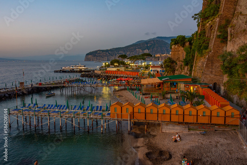 Fototapeta Naklejka Na Ścianę i Meble -  Night aerial view of Leonelli's beach at Sorrento, Italy
