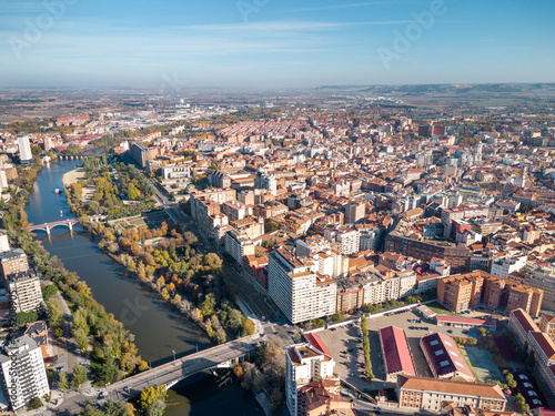 Aerial point of view of Valladolid city. View of River Pisuerga and Juan de Austria Bridge. At the right is the city center of Valladolid. Travel destination in Spain.  
