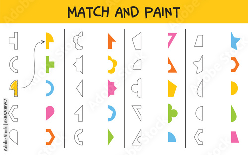 Match and paint game. Find other half of geometric figure. Logic puzzle with geometric shapes. Matching game. Educational game for children. Colorful vector illustration. Isolated on white background