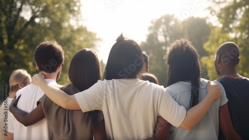 Multiracial and diversity concept. Diverse people hugging each other. Generative AI