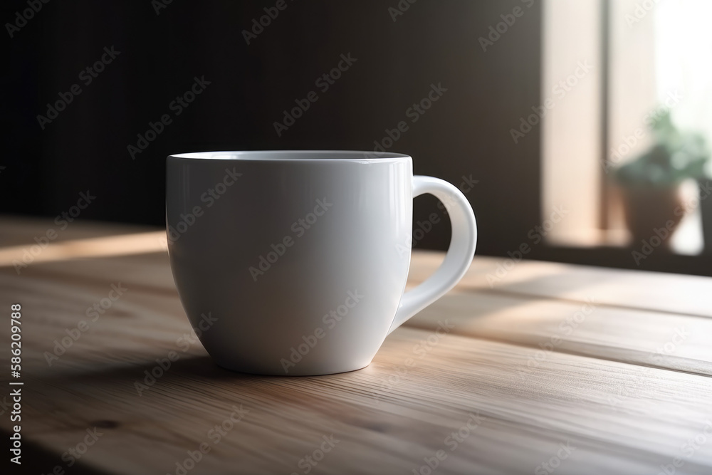 White mug mockup on wooden table. AI Generated.