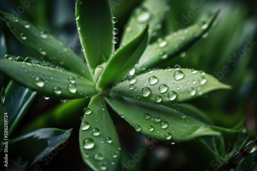 Background with close-up plants with macro water drops. AI Generated.