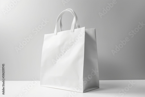 White paper bag mockup on white background. AI Generated.
