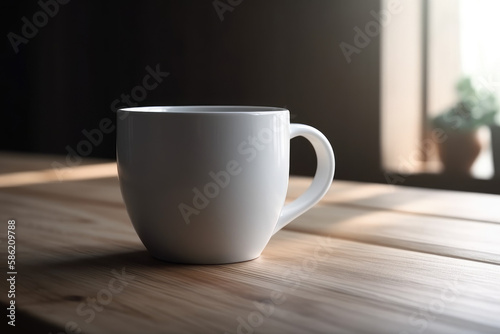 White mug mockup on wooden table. AI Generated. © ShniDesign