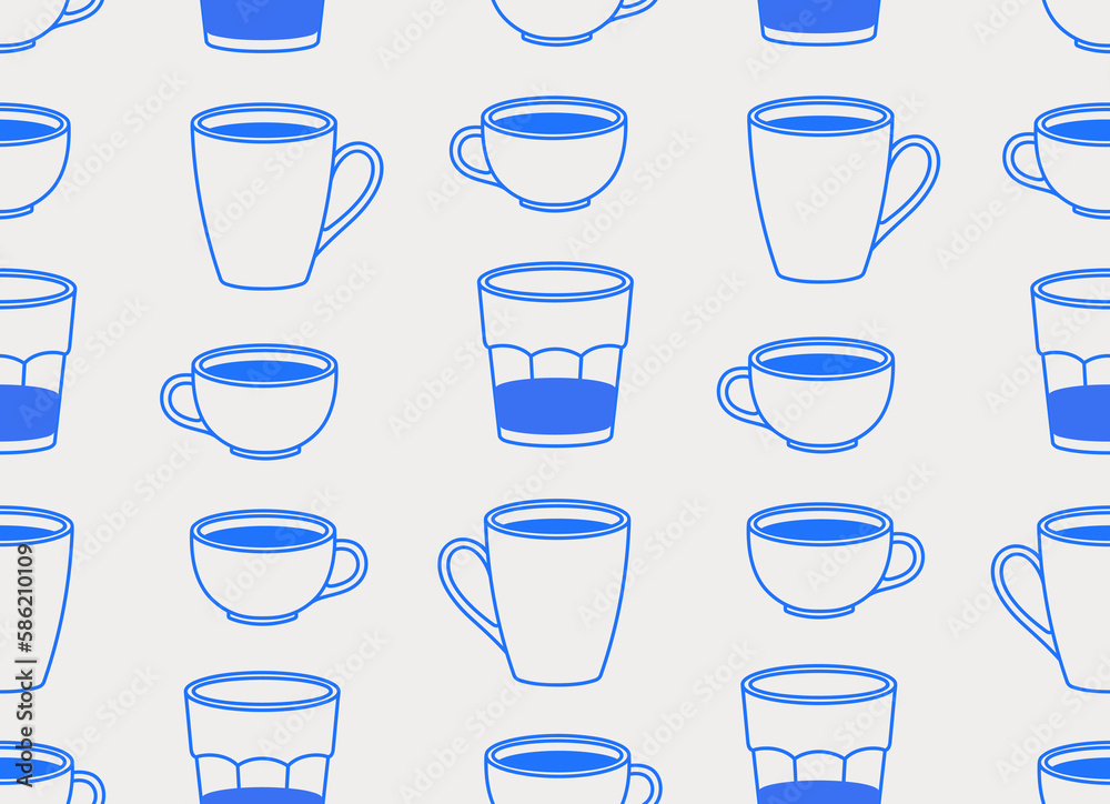 Seamless pattern of cups and glasses with coffee. Coffee time. Line art, retro. Vector illustration for coffee shops, cafes, and restaurants. Seamless pattern of cups and glasses with coffee. Coffee time. Line art, retro. Vector illustration for coffee shops, cafes, and restaurants.