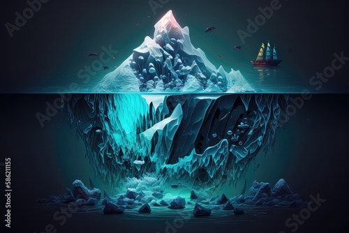 Iceberg in dark blue ocean, near sailing ship, abstract background
