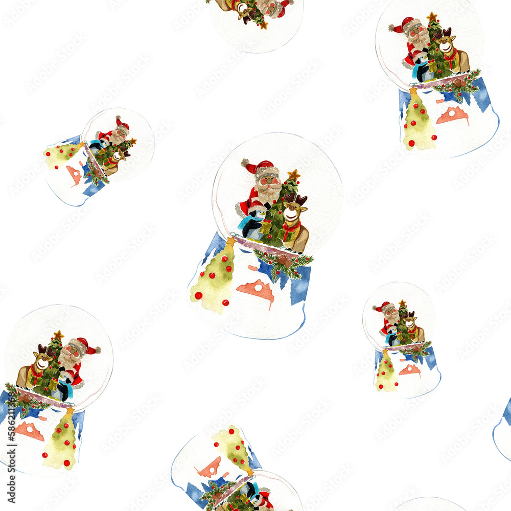 Fototapeta premium Seamless pattern snow globe with Santa Claus, deer, pingwan, Christmas tree spruce. Watercolor hand drawing illustration