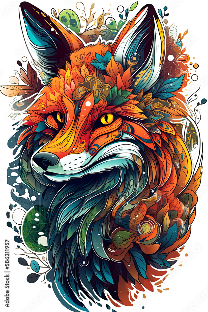 Beautiful t-shirt design of fox, vibrant colors. Generative ai