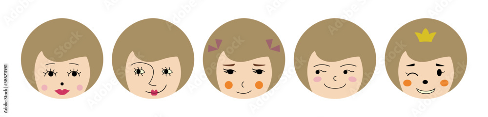Feminine look, abstract personage, mascot design, funny face, cute icon. Feminine look, abstract personage, mascot design, funny face, cute icon.