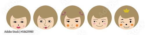 Feminine look, abstract personage, mascot design, funny face, cute icon.