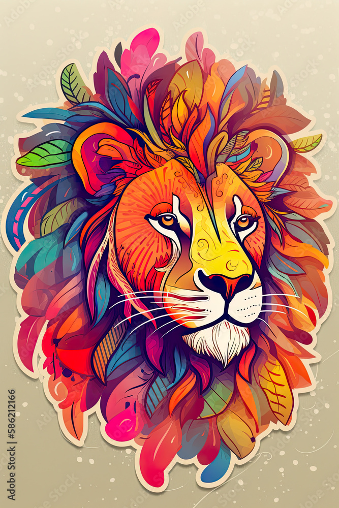 Lion sticker design, colorful big cat t shirt design. Generative ai