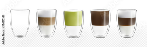 Empty glass and with coffee, green tea, matcha, black, mockup