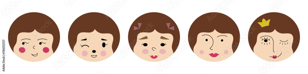 Feminine look, abstract personage, mascot design, funny face, cute icon. Feminine look, abstract personage, mascot design, funny face, cute icon.