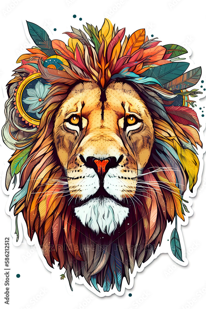 Lion sticker design, colorful big cat t shirt design. Generative ai
