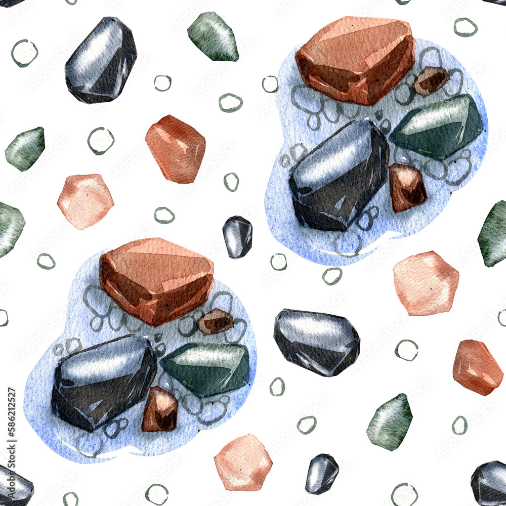 Seamless pattern color stones isolated on white background. Watercolor hand drawing ecology illustration. Art for design Seamless pattern color stones isolated on white background. Watercolor hand drawing ecology illustration. Art for design