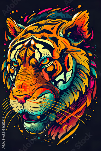 Sticker tiger illustration, beutiful colorful feline design. Generative ai