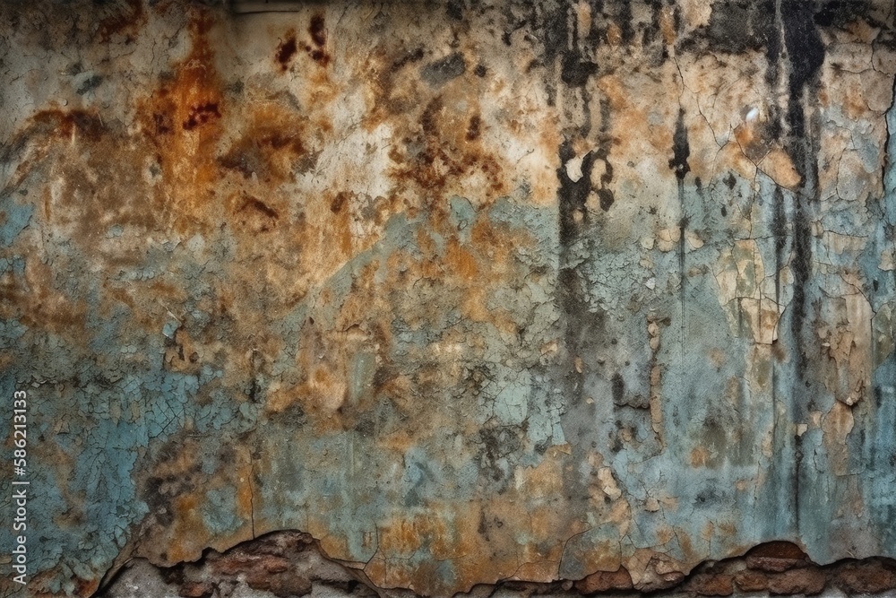 weathered wall with chipped paint and rust stains created with Generative AI technology