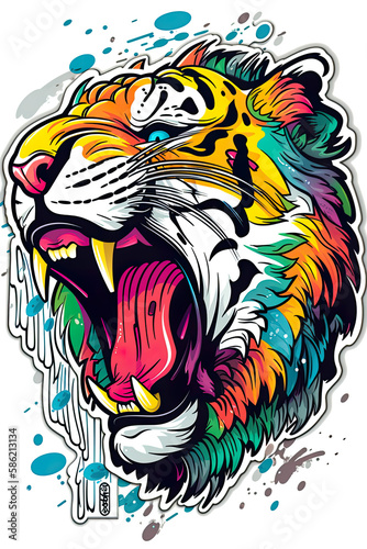 Sticker tiger illustration, beutiful colorful feline design. Generative ai