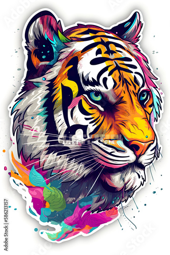 Sticker tiger illustration, beutiful colorful feline design. Generative ai photo