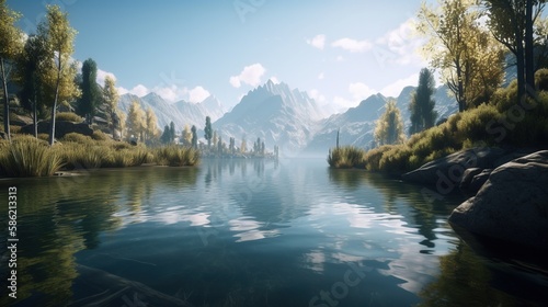 Beautiful landscape with mountain lake and reflection in water.Generative Ai