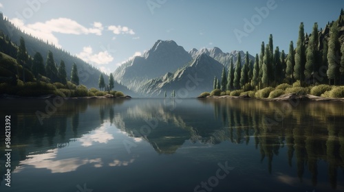 Beautiful landscape with mountain lake and reflection in water.Generative Ai © Rudsaphon